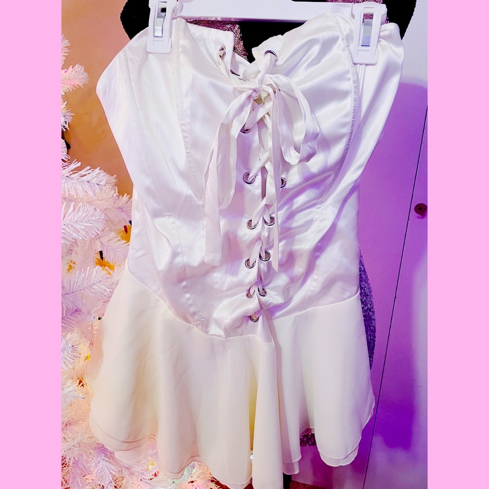 White Strapless Lace Up Corset Ruffle Mini Dress